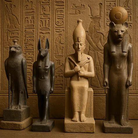 Statues of Egyptian gods used in worship in an archaeological site.