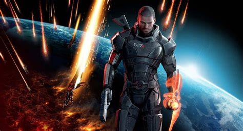 Commander Shepard holding a signature weapon in a battle-ready stance.