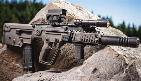 A comparison of the Hawk Industries Type 97 rifle displayed next to the Tavor X95 and Steyr AUG rifles.