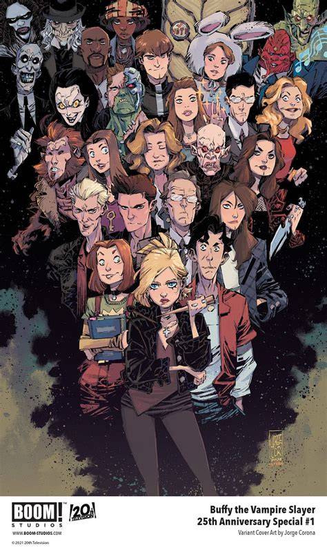An illustration of Buffy Summers from a comic book standing heroically.