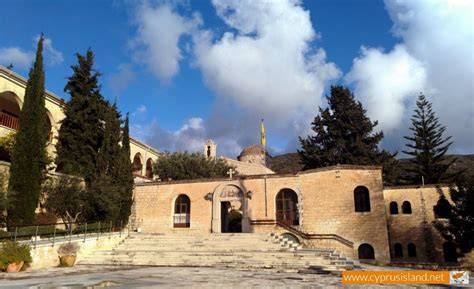 A close-up of the Byzantine architectural features of Agios Neophytos Monastery.