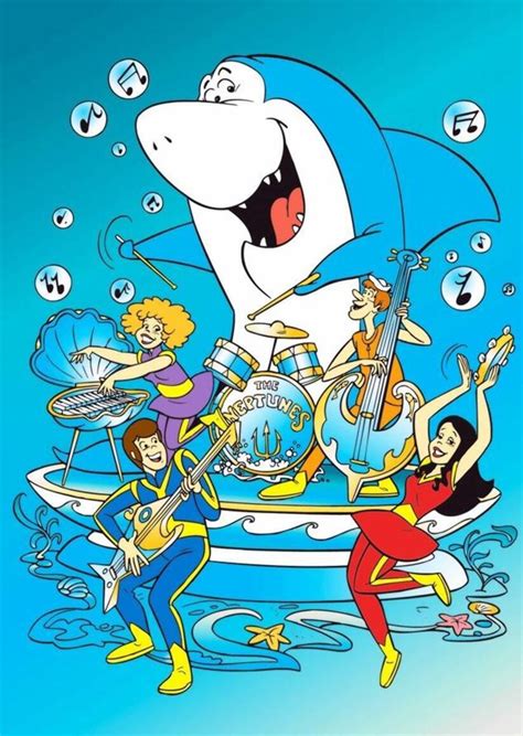 Jabberjaw cartoon shark with band members laughing together.