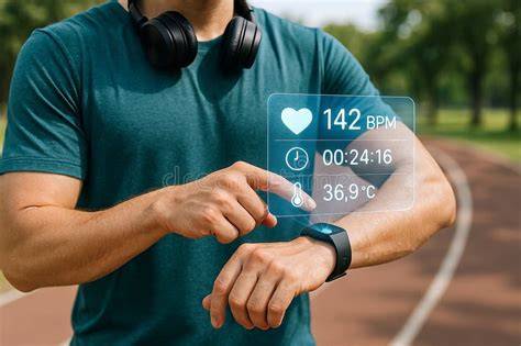 A fitness tracker showing heart rate during a workout.