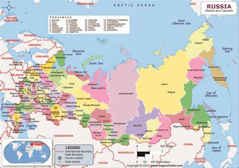 A map illustrating the current governorates in Russia and their respective capitals.