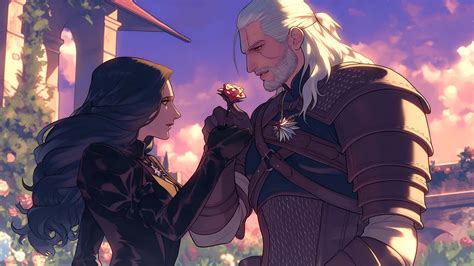 Geralt of Rivia and Yennefer sharing an intimate moment by a river.