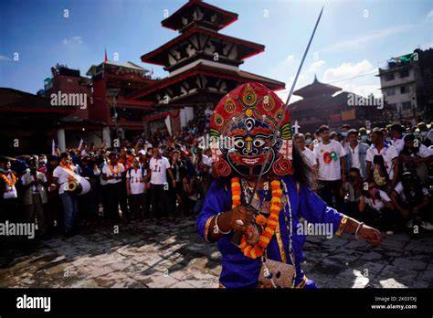 Basantapur Durbar Square filled with colorful decorations and festivities during Indra Jatra.