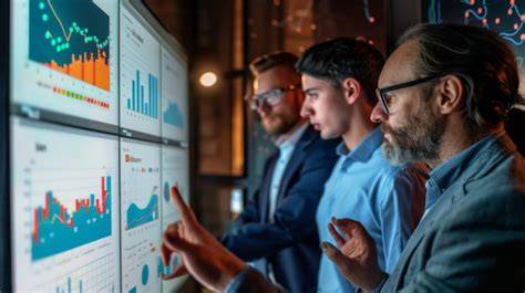 A business team analyzing charts and graphs on a laptop to improve efficiency.
