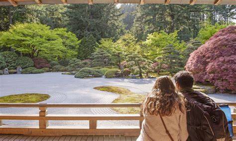 A panoramic view of the Portland Japanese Garden with lush greenery and tranquil water features.