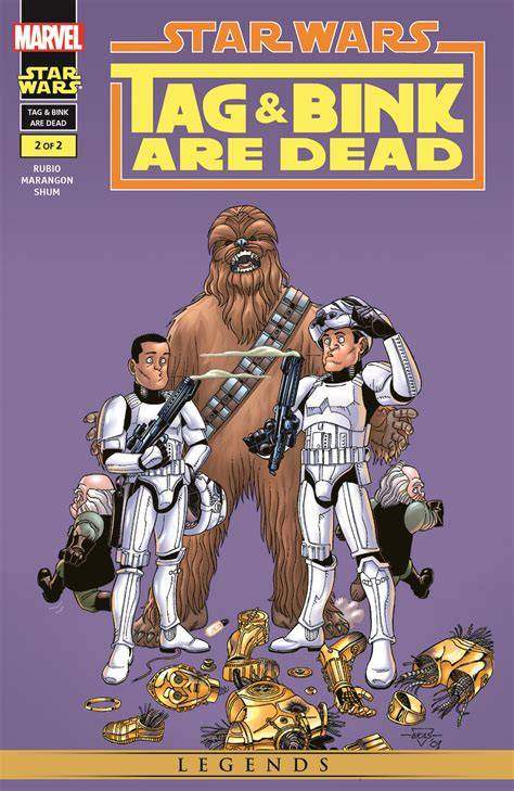 A comic book panel depicting Tag and Bink humorously reenacting a scene from the original Star Wars trilogy.
