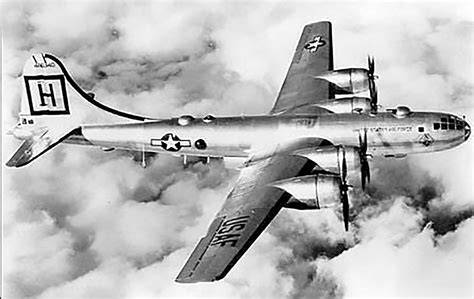 A Boeing B-29 Superfortress in the air during the mission to Hiroshima.