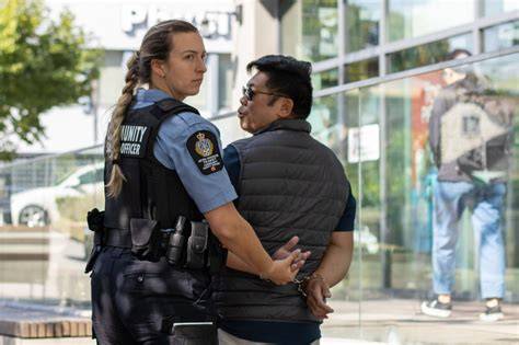A commuter calmly interacting with a transit police officer.