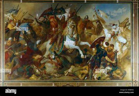 Frederick Barbarossa, the Holy Roman Emperor, on a horse leading his army.